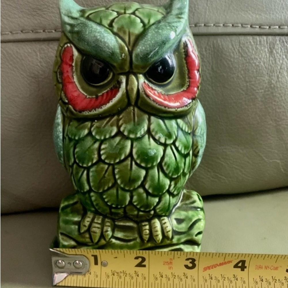 Brinn’s Owl Piggy Bank Retro 1970s green big eyed ceramic branch stopper Vintage
